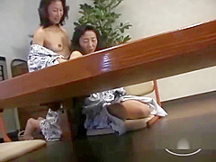 2 Mature Women Sucking Nipples Kissing Patting At The Desk In The Dining Roo