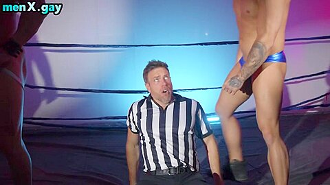 3some loving judge barebacked by massive wrestlers in arena