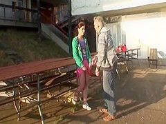 A Beautiful German teen 18+ Gets Her Muff Sprayed By An Old Dude In Public