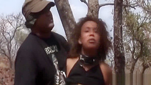 African slut with big natural tits getting spanked and tormented by two guys