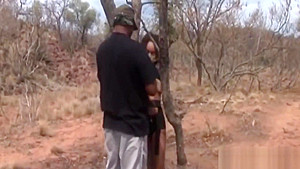 African slut with big natural tits getting spanked and tormented by two guys