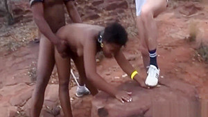 African teen 18+ takes two long schlongs outdoors