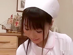 Asian Girl In Nurse Dress Giving Handjobs For 2 Guys On The Carpet In The Sitting Roo