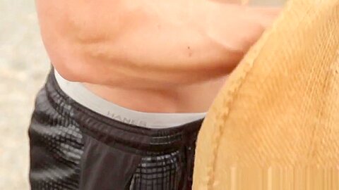 Beefy next door jock jerks off at the gym
