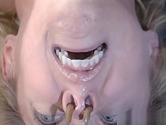 Bigtitted sub gagged and caned by her maledom