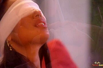 Blindfolded Brunette Rubs Her Cunt While Riding A Long Dick With Sexy C