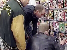 Blonde Is Fucked By Three Guys In The Video Store And Has To Blow