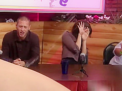 Blonde babe squirts over interview panel