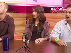 Blonde babe squirts over interview panel
