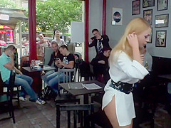 Blonde caned in public park and bar
