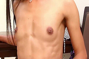 Brunette Ladyboy With Red Lipstick Jerks Off On Chair Till
