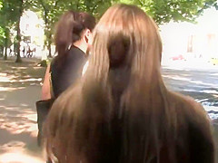 Brunette sucking outdoor in public