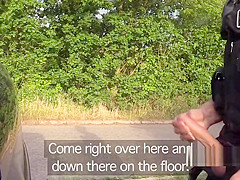 Brunette sucks fake cops dick on the public road