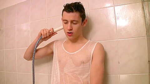 Brunette teen 18+ guy is hotly fondling dick in shower