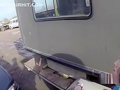 Busty redhead fucks on police car