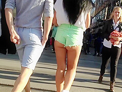 Candid Brunette in tight short street public