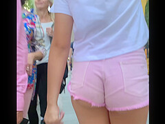 Candid teen 18+ in mini short street public close up