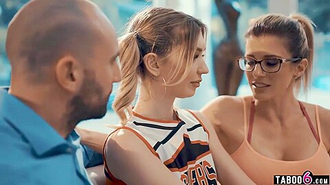 Coach Wife Brings In Tiny teen 18+ Cheerleader For Husband