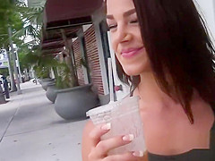 Cute brunette fucks big cock in public