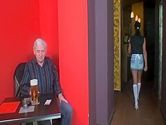 Dark Haired In Babe Sucking And Riding An Old Cock At The Bar