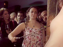 Hairy slut flogged and fucked in public