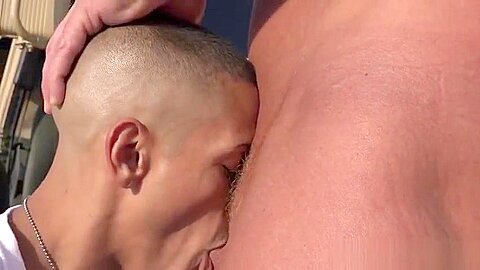 Handsome army stud dicksucking outdoors