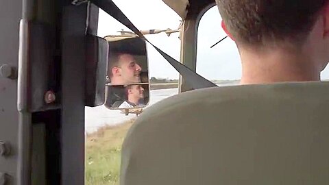 Handsome army stud dicksucking outdoors
