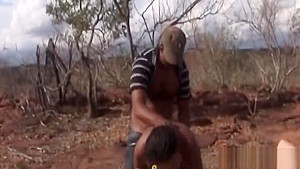Horny African teen 18+ gets double teamed outdoors