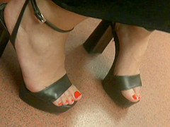 Hot Brunette, Sexy Feet In High Heels Sandals