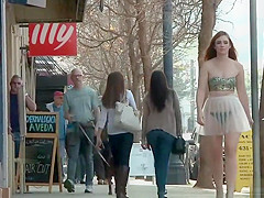 Hot slave bound in public flower shop