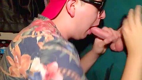 Hot sucking action at the homemade glory hole 15