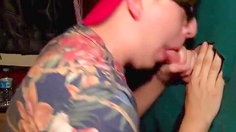 Hot sucking action at the homemade glory hole 15
