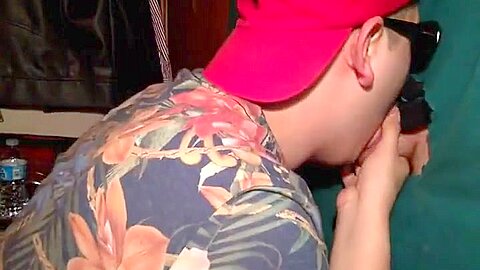 Hot sucking action at the homemade glory hole 15