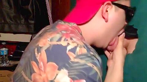 Hot sucking action at the homemade glory hole 15