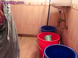 Indian Wife In Bathroom Washing Clothes Taking Shower And Masturbating