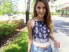 Innocent brunette banged in public restroom