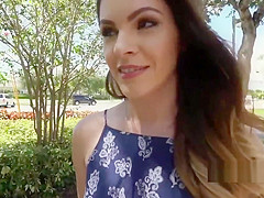 Innocent brunette banged in public restroom