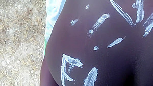 Juicy ebony in tribal paint gets a bwc creampie public close up POV Ella B