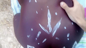Juicy ebony in tribal paint gets a bwc creampie public close up POV Ella B