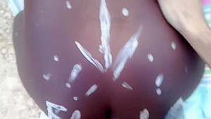 Juicy ebony in tribal paint gets a bwc creampie public close up POV Ella B