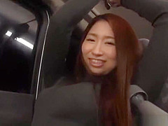 Kinky Japanese AV model gets her pussy toyed and gives head in a car