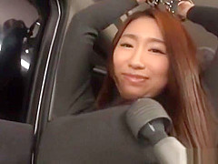 Kinky Japanese AV model gets her pussy toyed and gives head in a car