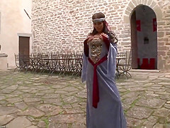 Mediaeval baebe bares her cunt and arse