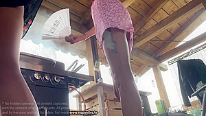 No Panties No Bra Girls Cook Outdoors In Miniskirts To Flash Pussy And Ass With Sarah Simons