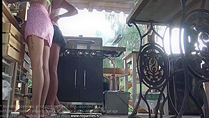 No Panties No Bra Girls Cook Outdoors In Miniskirts To Flash Pussy And Ass With Sarah Simons