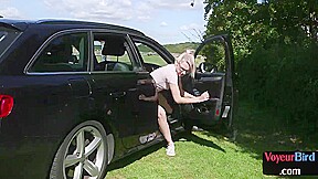Outdoor voyeur GF teases her BF from car while he jerks cock