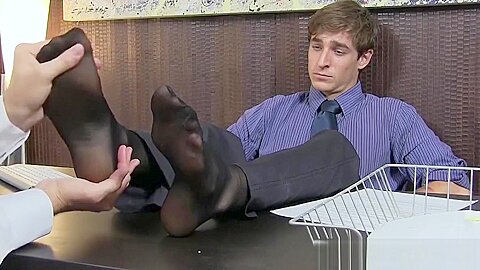 Pervert employee worships boss feet after work in his office