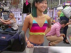 Petite asian pawnee gagging on brokers cock
