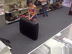Petite asian pawnee gagging on brokers cock