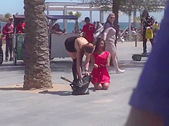 Petite babe lets mistress disgrace her in public